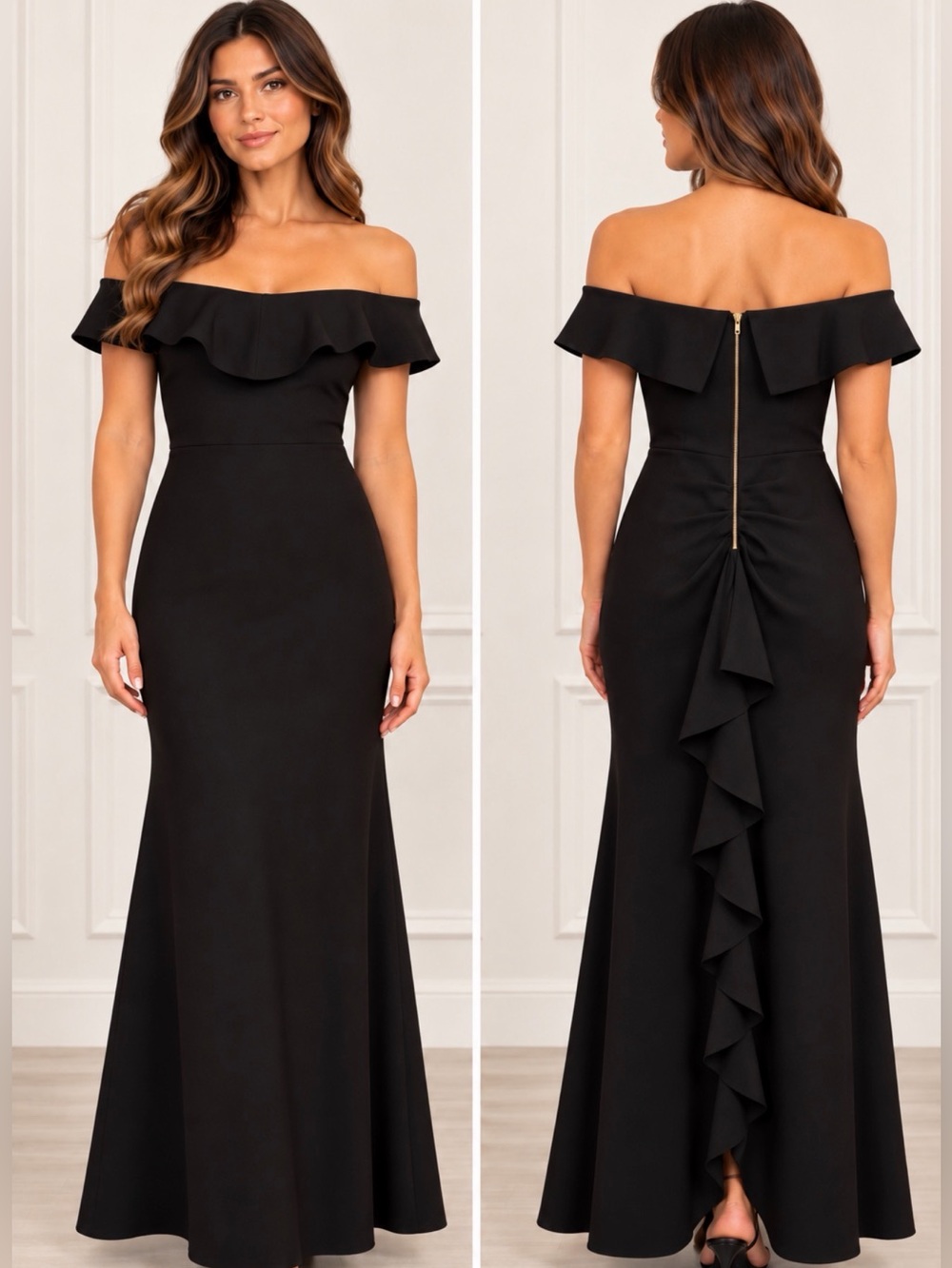 Betsy & Adam Black Off-Shoulder Ruffle Maxi Dress